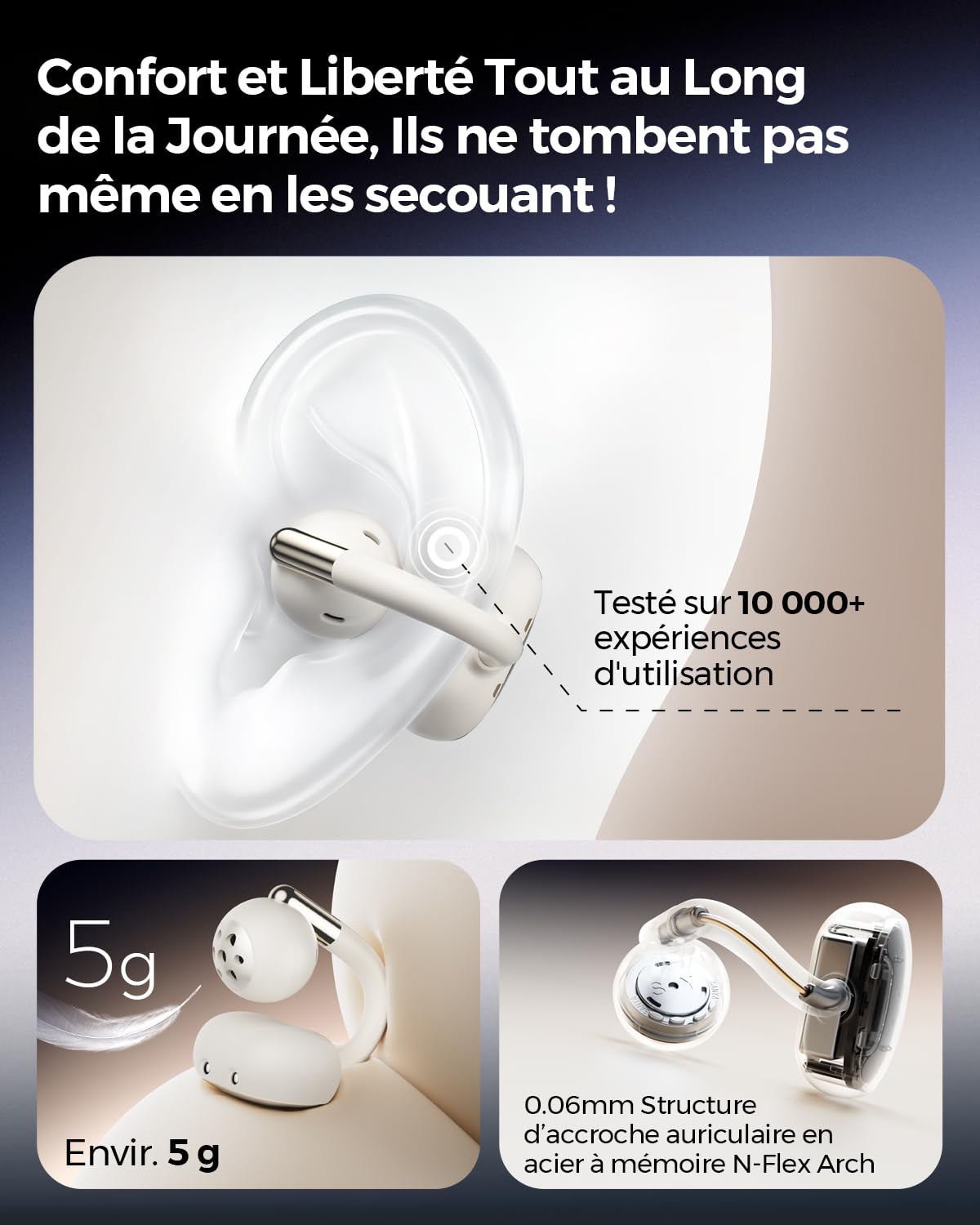 SoundPEATS Clip1 Écouteurs Ouverts à Clipser avec Audio Dolby de qualité supérieure, Pilotes de 12 mm, sécurisés, légers, étanches IPX5, Charge Rapide, jusqu'à 40 Heures de Lecture, Bluetooth 5.4