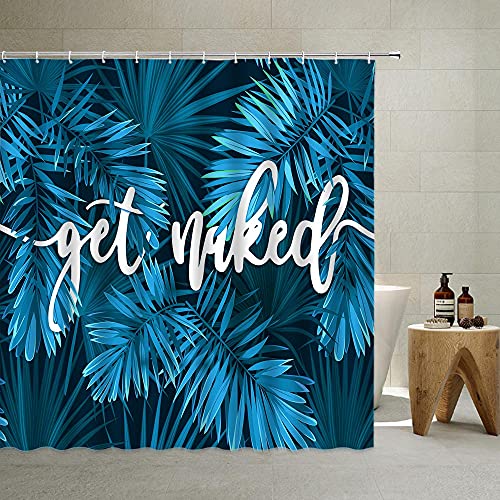 QYVLHD Get Naked Duschvorhang mit lustigem Text bedeckt von Blättern, tropisches Palmblatt, blau, dichter Dschungelpflanzen, Polyester-Stoff, Badezimmer-Zubehör, Vorhänge mit Haken, 178 x 178 cm Cover