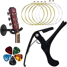 TECHBLAZE Combo of Acoustic Guitar One Handed Trigger Quick Change Capo with Wall Mount Hanger/Hook with 6 Strings & 5 Picks for Classic & Acoustic Guitar Accessory