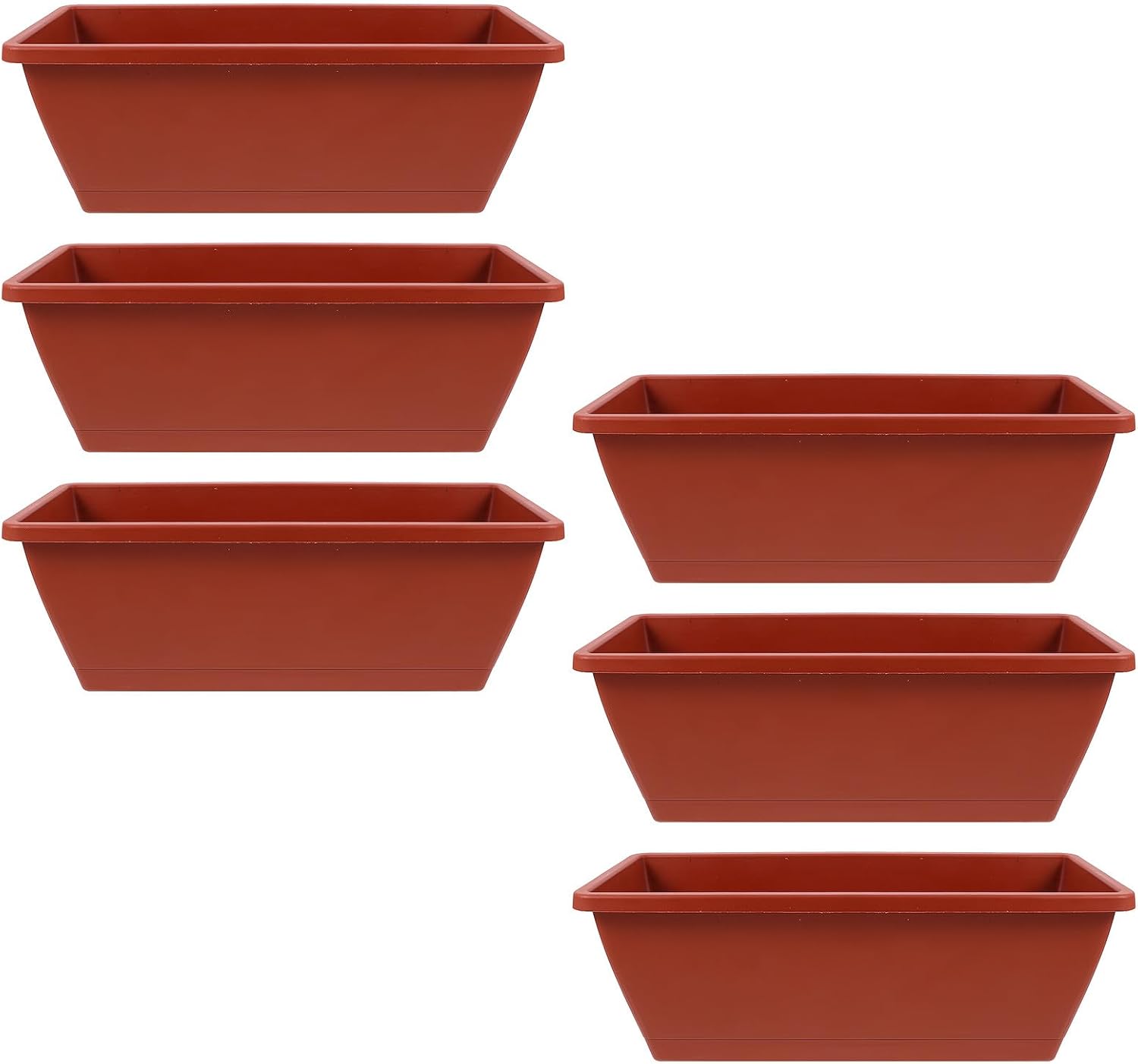 6pcs Large Rectangular Plastic Flower Pots Balcony Planters for Vegetable and Bonsai Gardening, Medium 43x18.5x13cm Brick Red with Cart, Outdoor Garden Planting Troughs