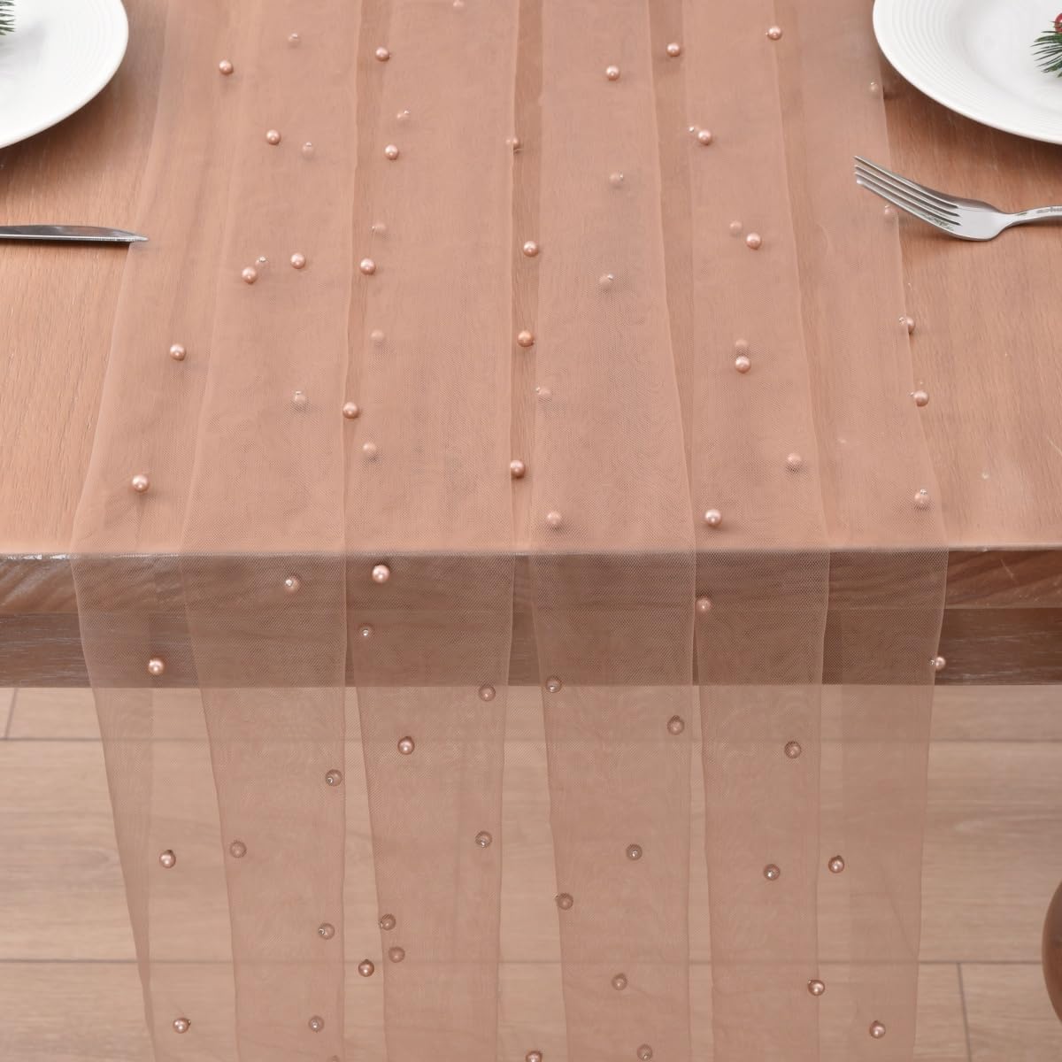 Joanlody Pearl Table Runner 10ft Rustic Boho Tulle Runner with Pearls for Baby Shower Wedding Party Veil Dessert Table Decor Coffee - Image 2