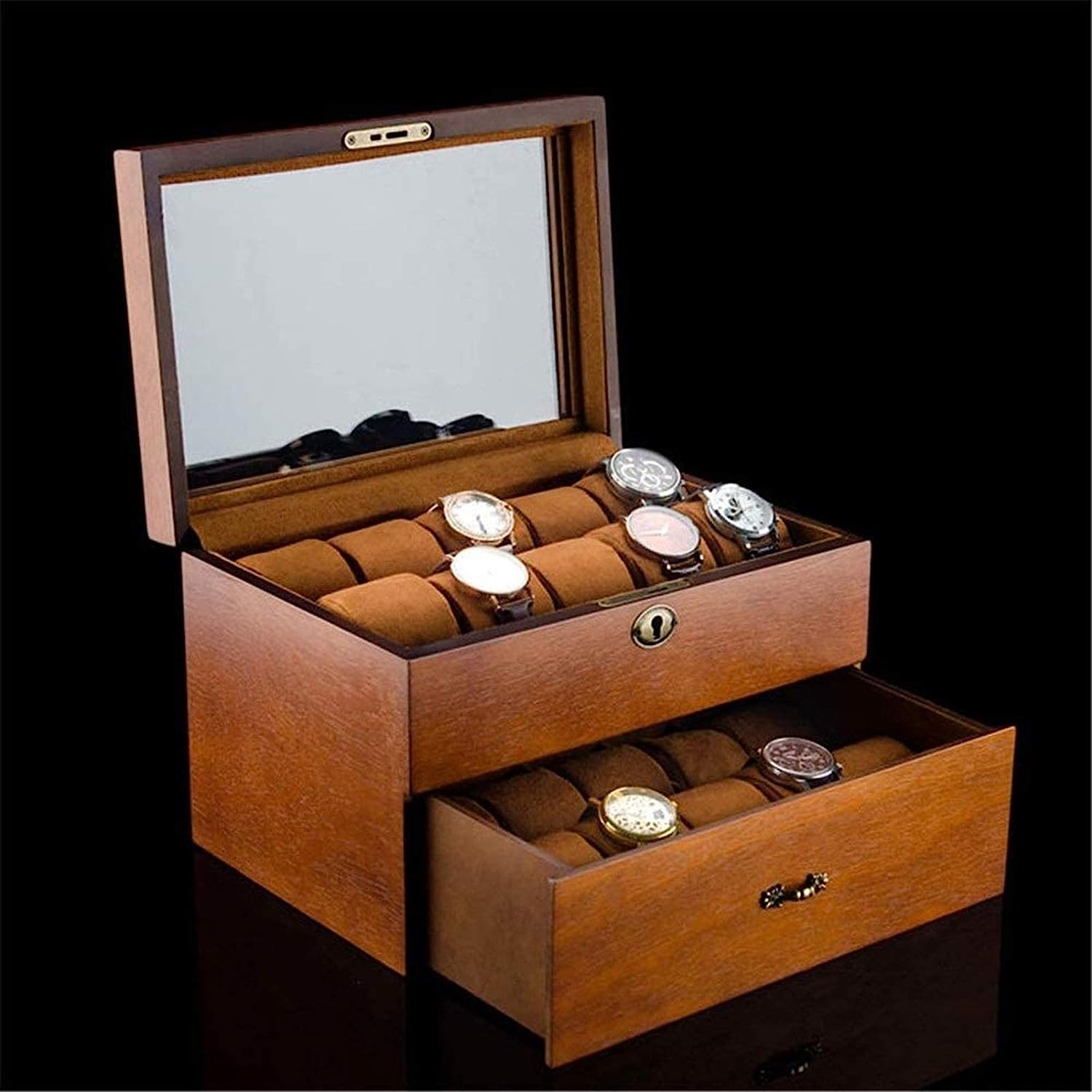 Caja de joyería organizadora, caja de reloj para hombre, caja de almacenamiento con tapa de cristal, soporte grande, color marrón