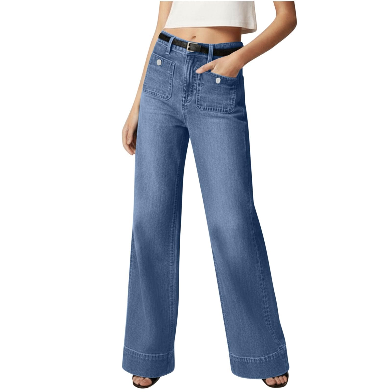 Jeans extra lunghi, da donna, a vita alta, a gamba larga, in denim, con bottoni, con tasche, stile retrò, vestibilità comoda, per il tempo libero, da donna