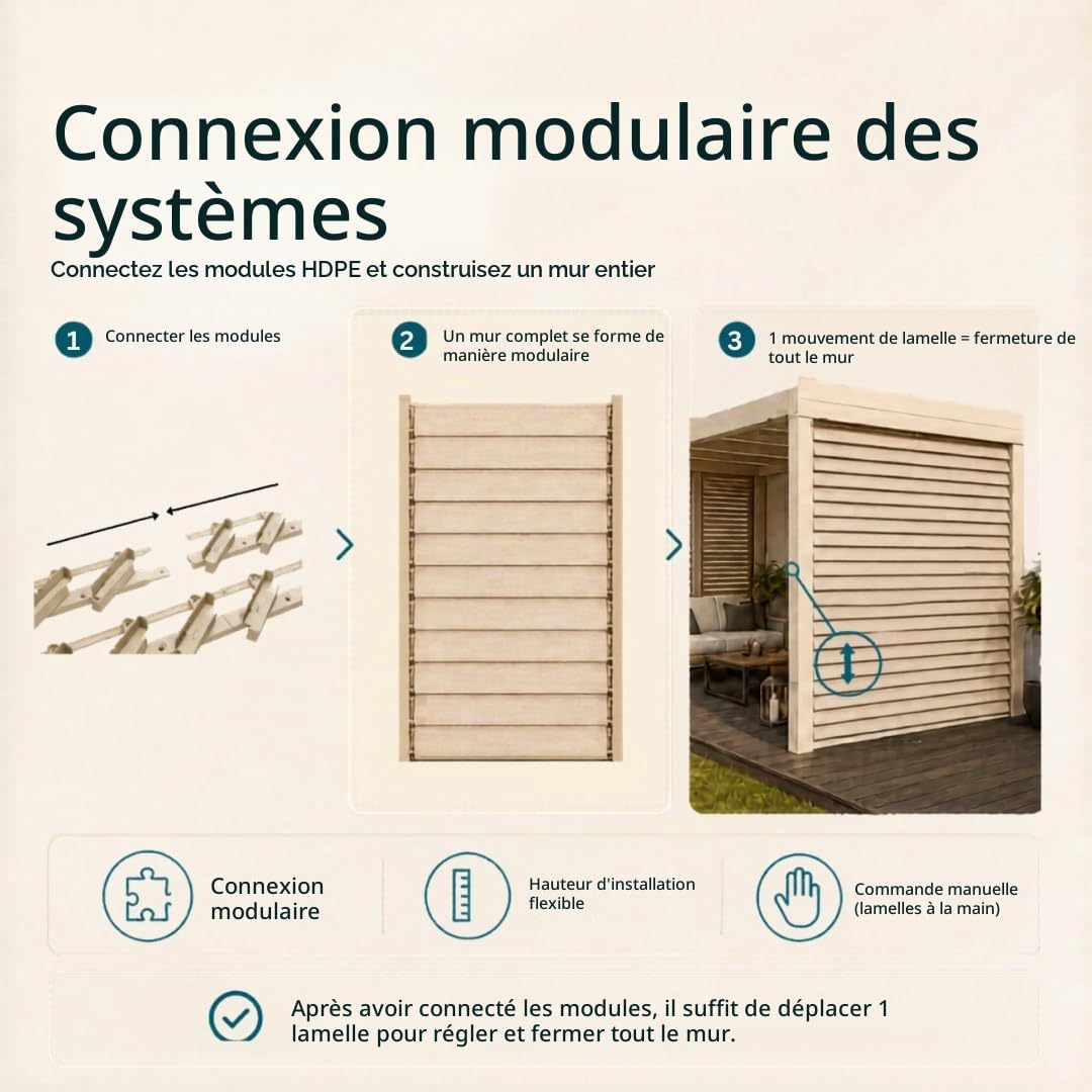 Prestige Ostaszewska Système de bardage de jardin à 5 lames | 50 cm | Couleur : beige, planches : pin naturel | Volets roulants, système de bardage de terrasse/lames mobiles | Plastique, finition de