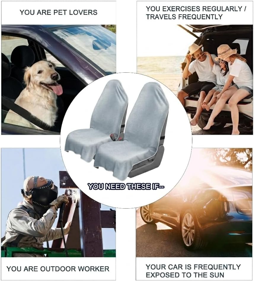 Car Seat Towel Cover, 2pcs Universal Front Seat Protector for Cars, SUVs and Trucks, Sweat Towel Car Seat Cover for Gym, Yoga, Swimming, Pets and Family Travel, Light Gray