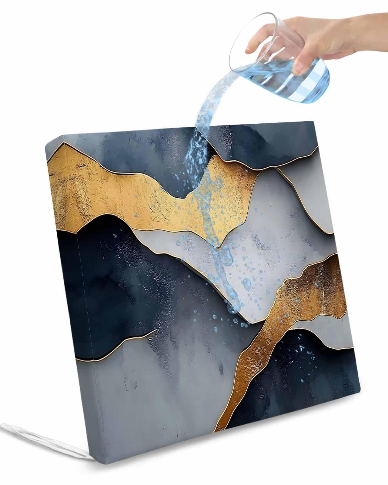 2 Pack Blue Gold Gray Marble Waterproof Cushion Covers with Ties, Outdoor Patio Chaise Lounge Chair Seat Cushion Slip Covers Replacement(Only Cover) Modern Abstract Mountain Art 22