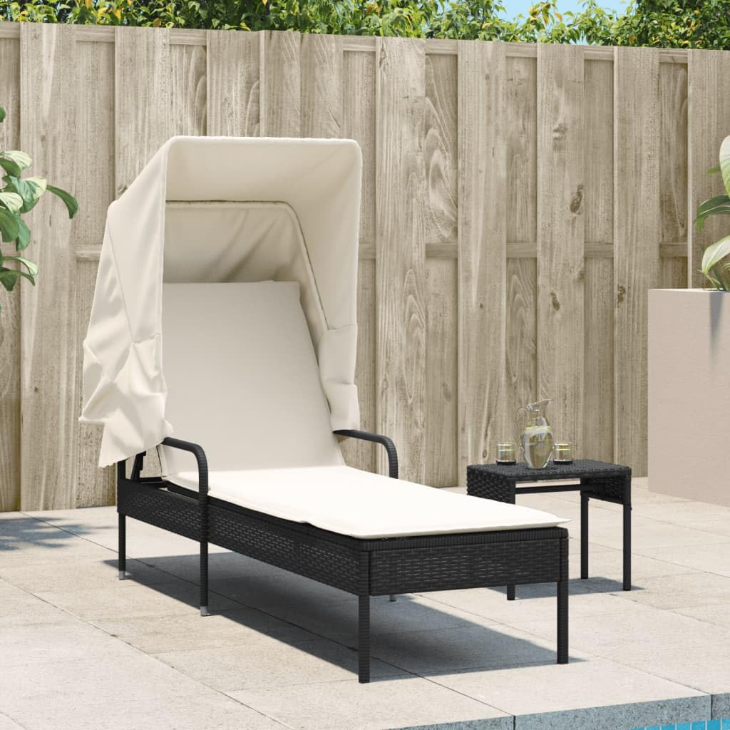 Lettino prendisole con tettuccio parasole estensibile, nero, in rattan sintetico, schienale regolabile in 4 posizioni, cuscino imbottito spesso con rivestimento rimovibile e lavabile