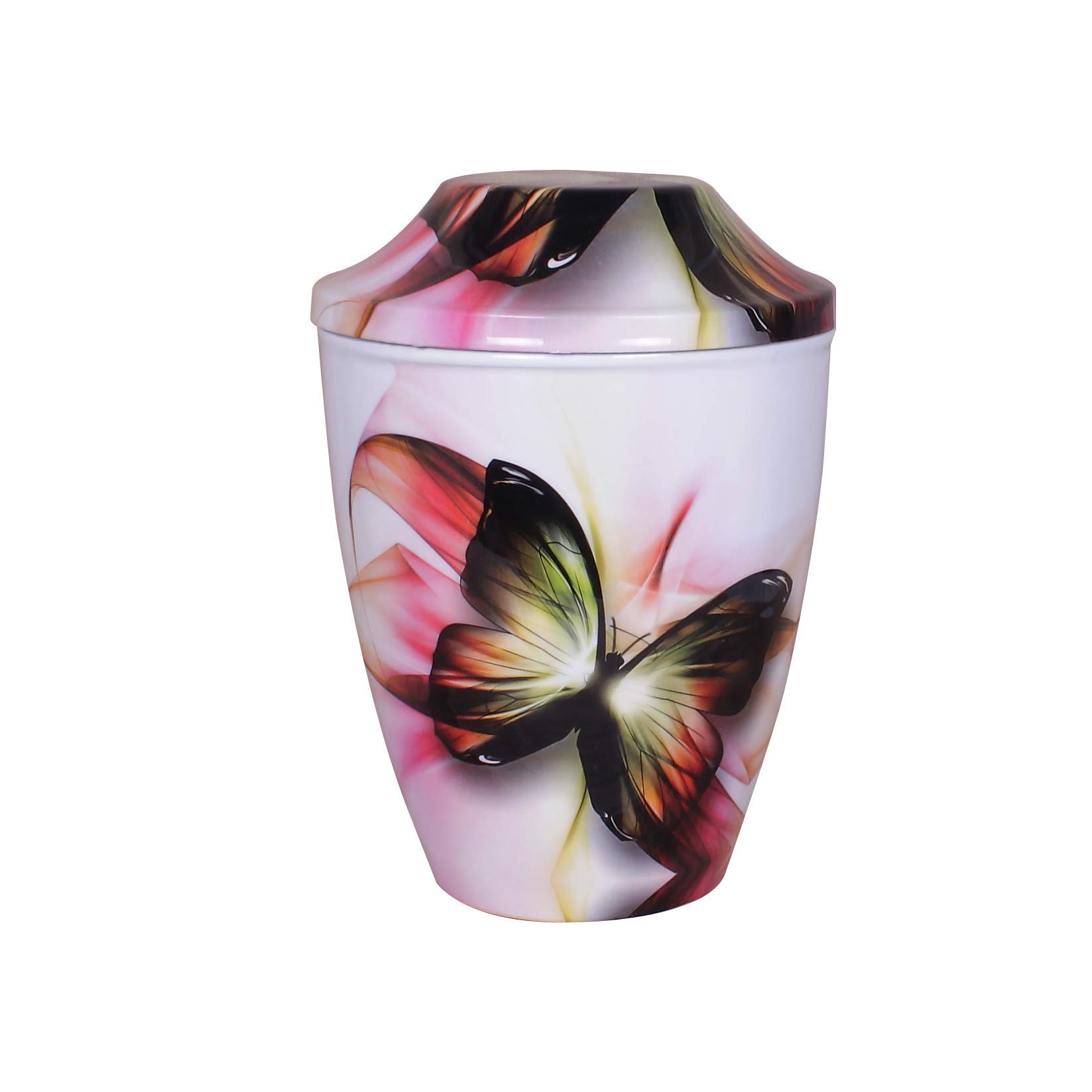 Iron Cremation Urn for Adult Human Ashes – Funeral Memorial Urn Lightweight Handcrafted Sheet Metal with Laminated Finish (White Butterfly)