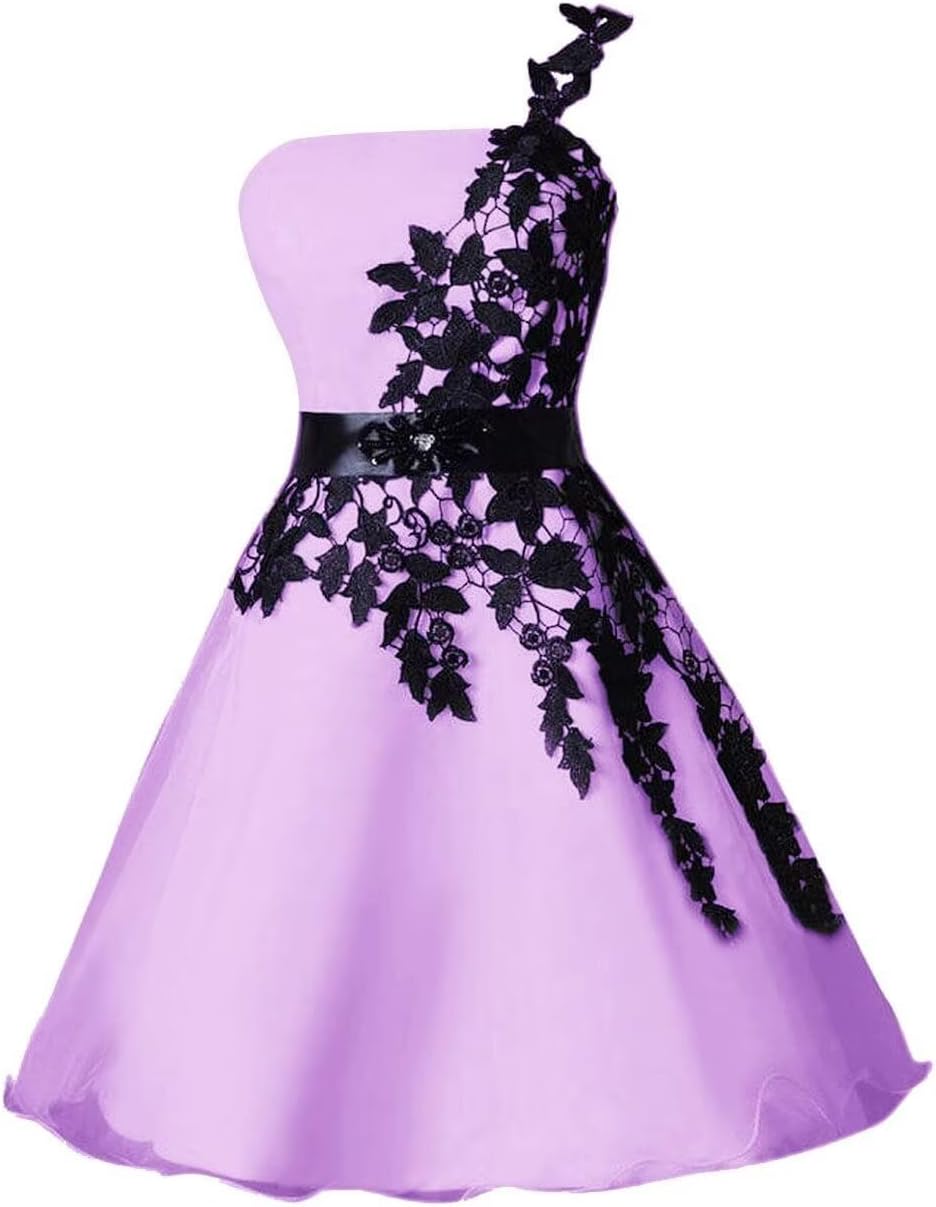 Woman’s Short A Line One Shoulder Homecoming Dress with Black Appliques Prom Gowns