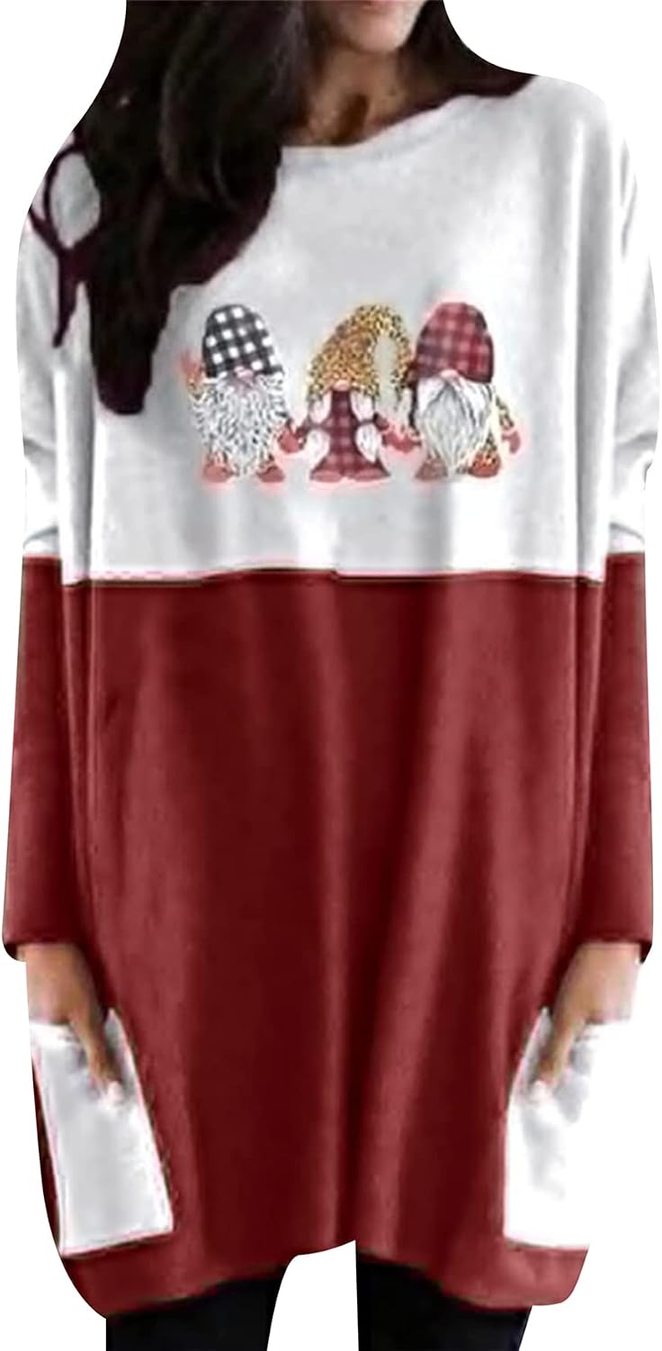 Maglione Natalizio Donna AMhomely - Maniche 3/4, Girocollo, Stampa Albero Di Natale, Tunica Comoda Per Le Feste