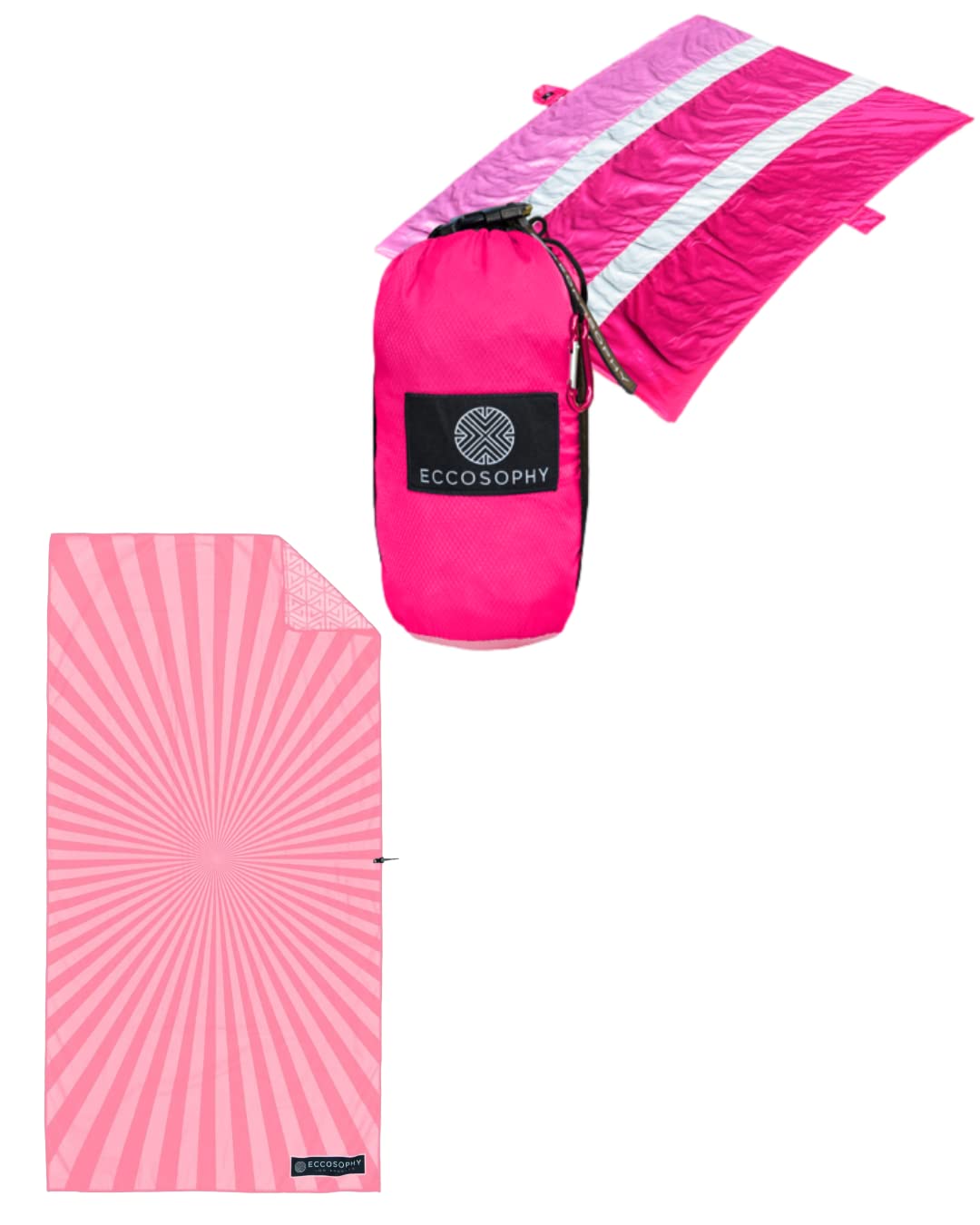 ECCOSOPHY double sided 71x35 inch microfiber beach towel and 10x9 ft Family Size parachute nylon beach blanket bundle.