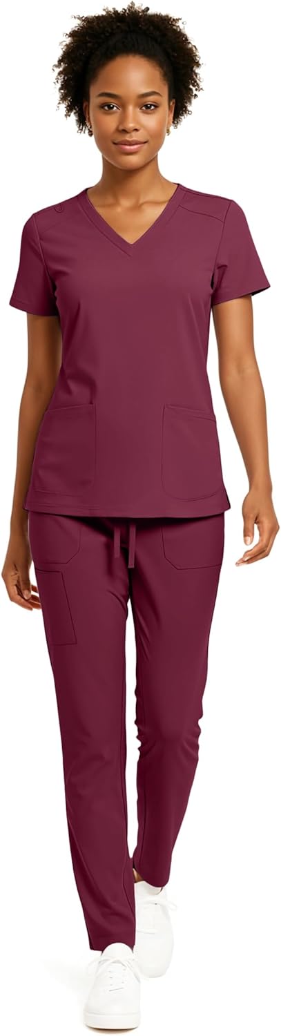 Hey Collection Women's 5-Pocket Anti-Wrinkle Scrub Set – V-Neck Top & Straight-Leg Pants, Comfy, Flexible Nursing Uniforms