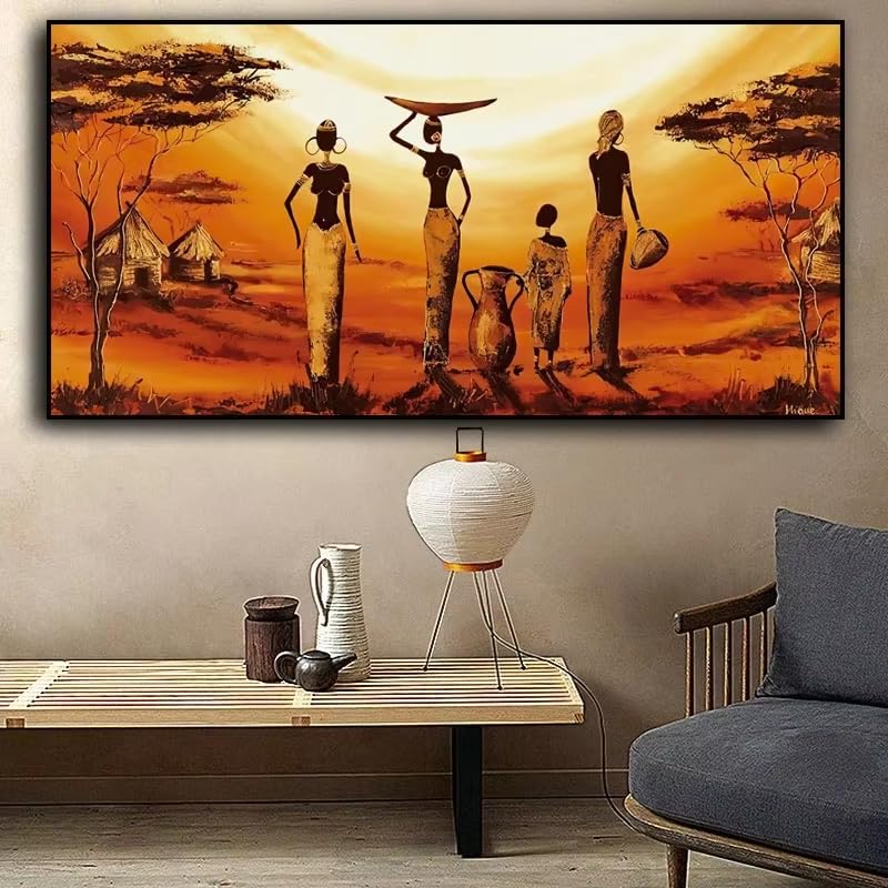 Toile femmes africaines UKIXOM tableau abstrait grand format luxe 80x165