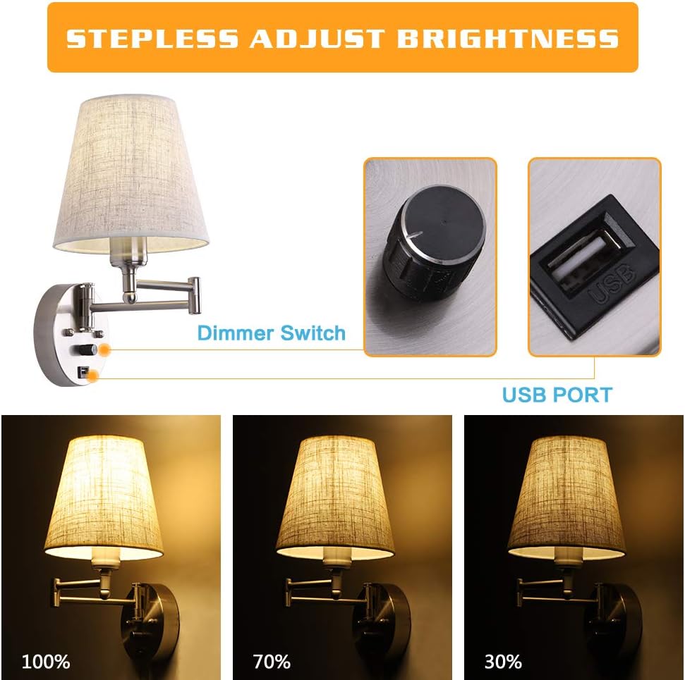 Bedside Wall Mount Light with Dimmable Switch and USB Port, Swing Arm Fabric Shade Wall Sconce Light with Plug in Cord, Wall Lamp Perfect for Bedroom, Living Room and Hotel