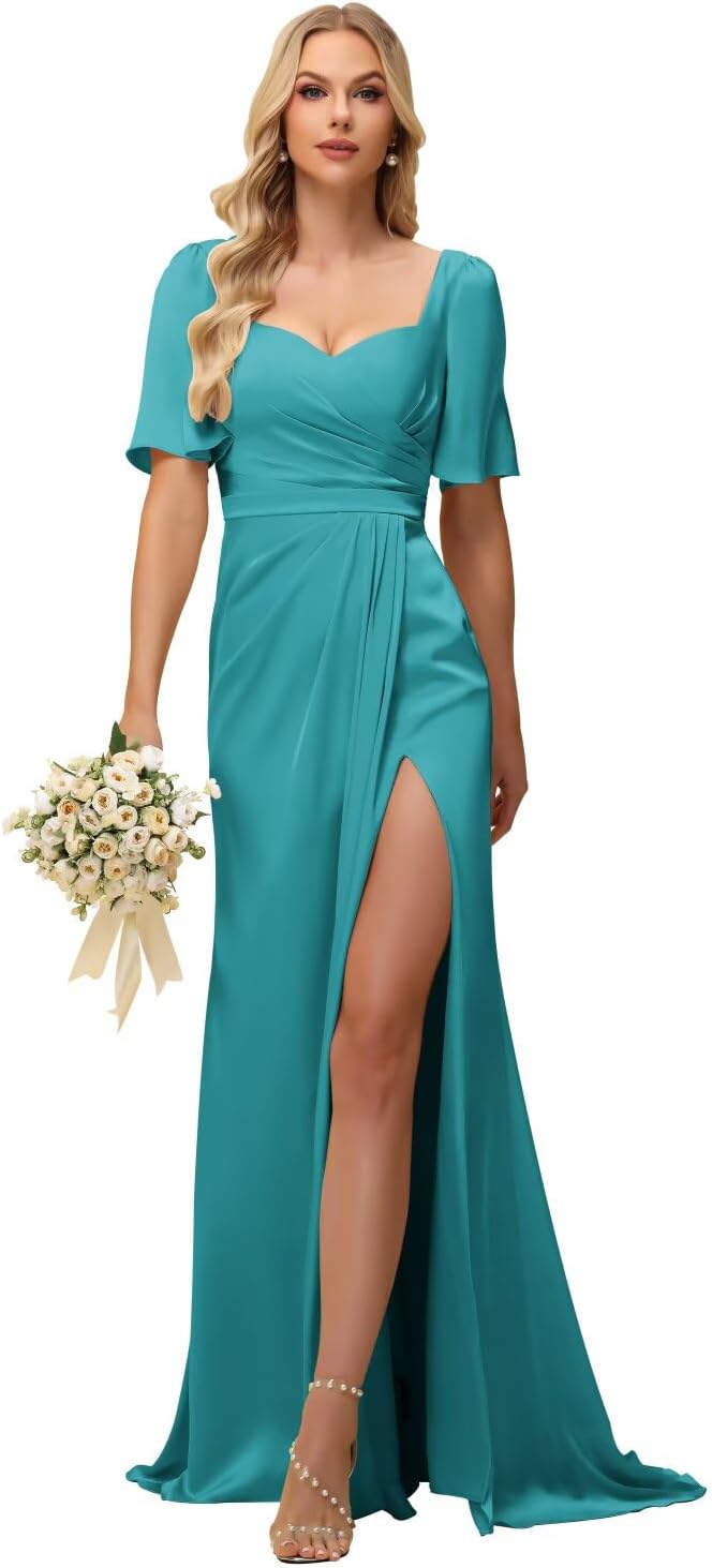 Satin Bridesmaid Dresses for Women with Slit Short Sleeves Sweetheart Pleated Long Formal Evening Dress