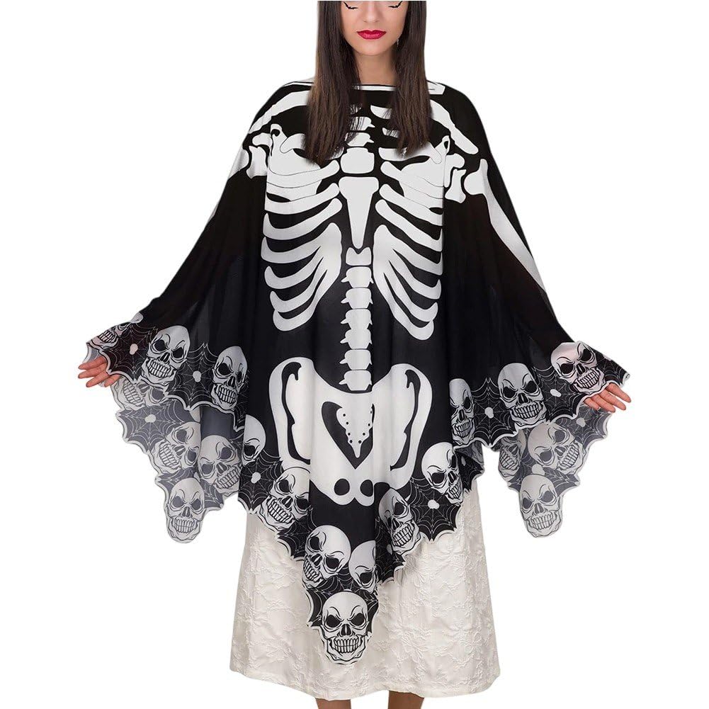 Poncho de esqueleto de Halloween en encaje negro para mujer