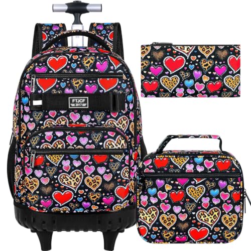 Image of 3Pcs Rolling Backpack for Girls Women, Leopard print Travel Roller Backpacks with Wheels for Adults, Teens College Wheeled Bookbag with Lunch Box(Brown)