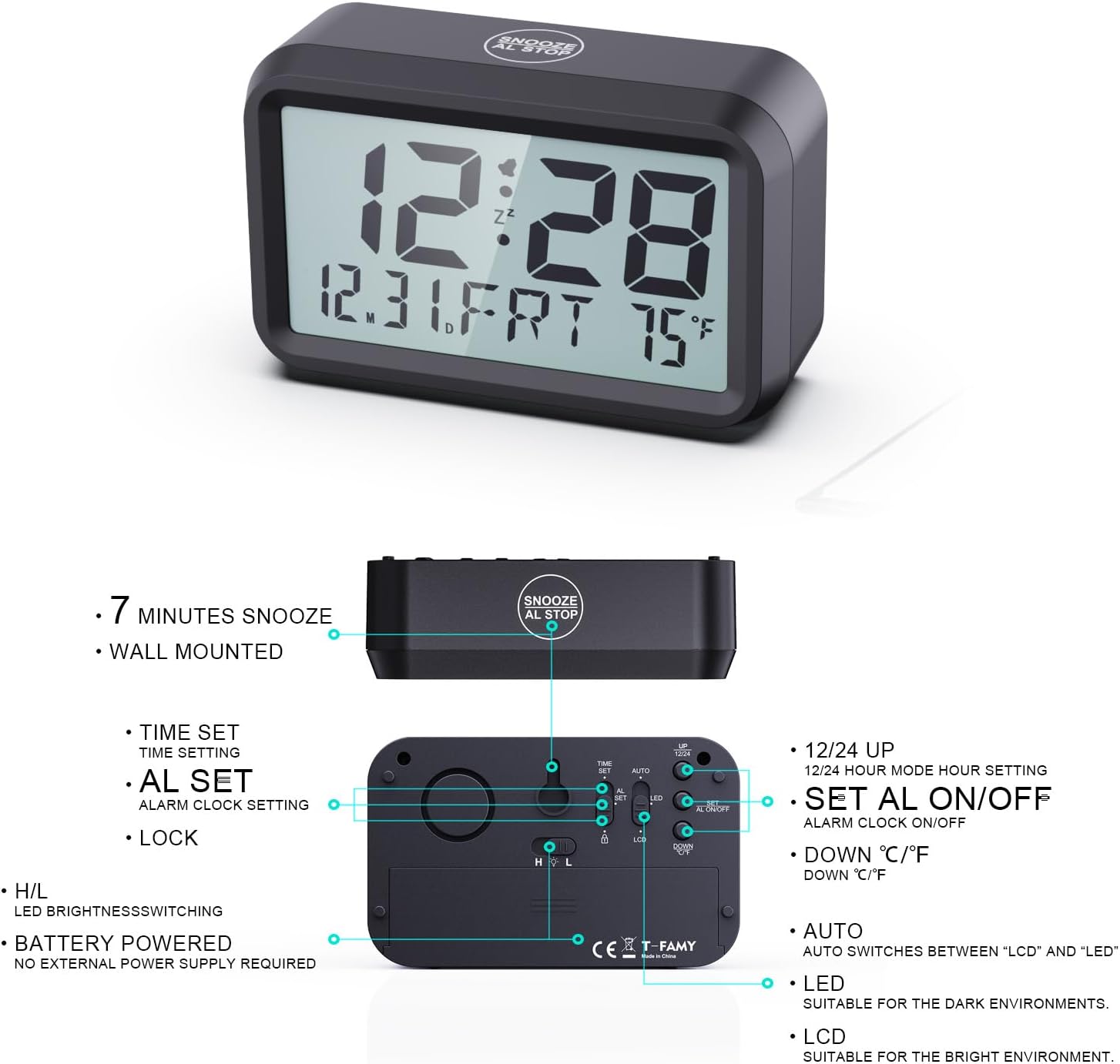 Back view of the Timegyro Digital LED Alarm Clock showing the battery compartment and control buttons.