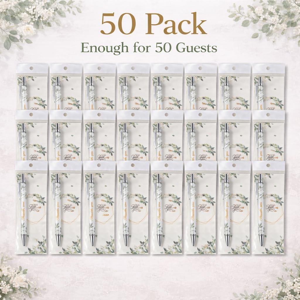 Auch Wedding Favors for Guests – 50 Set Elegant Botanical Thank You Ballpoint Pens with Matching Cards & Bags, Bridal Shower & Wedding Thank You Gifts