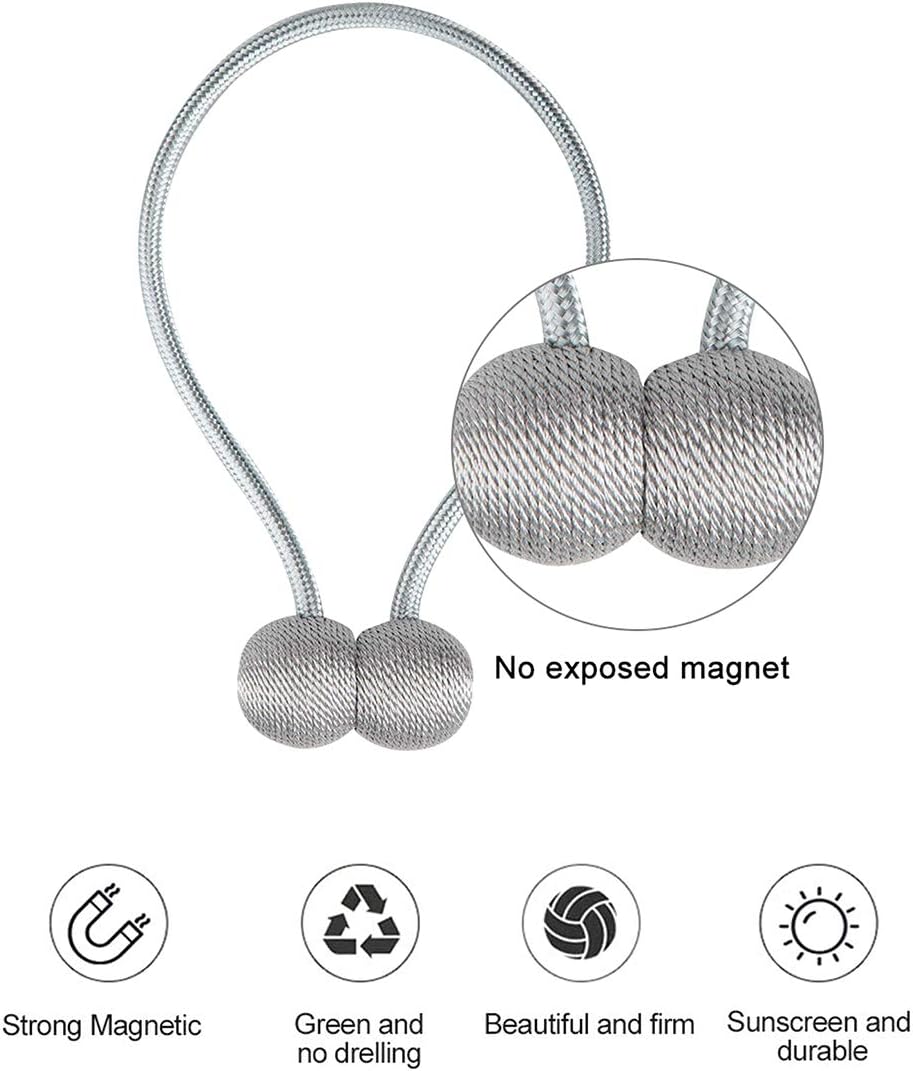 Pro Space Magnetic Curtain Tiebacks, 2 Pack Decorative Weave Rope Holder Holdbacks for Home Kitchen Office Window Sheer Drape 16 Inch Long (Silver Grey)