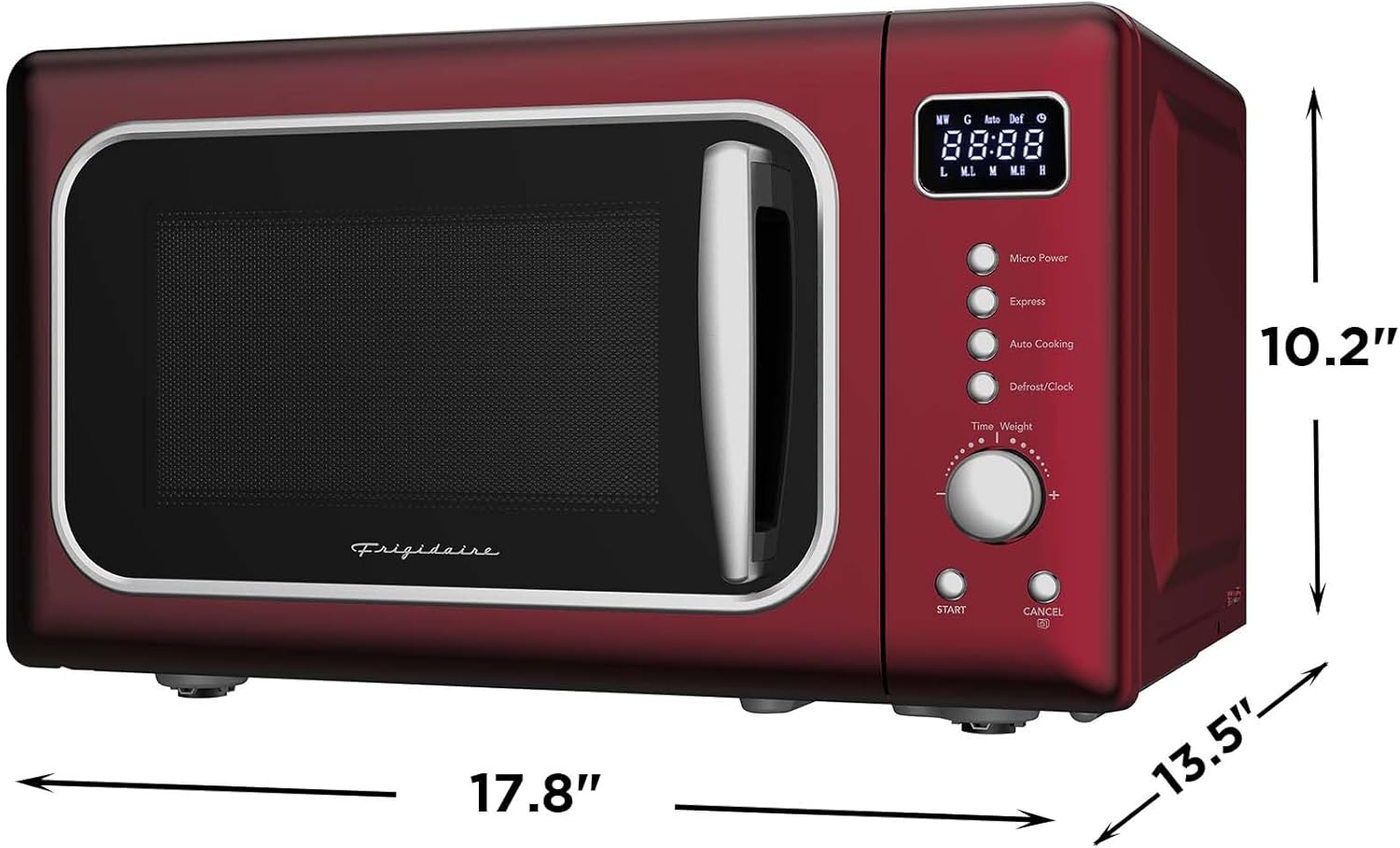 Front-facing view of the Frigidaire EMW788RETRO microwave with dimensions labeled: 17.8 inches width, 10.2 inches height, and 13.5 inches depth.