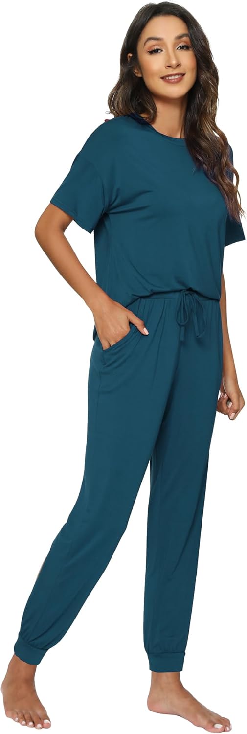 WiWi Women's Short Sleeve Tracksuit Set Viscose from Bamboo Loungewear 2 Piece Outfit Long Pants Jogger Sets S-XXL