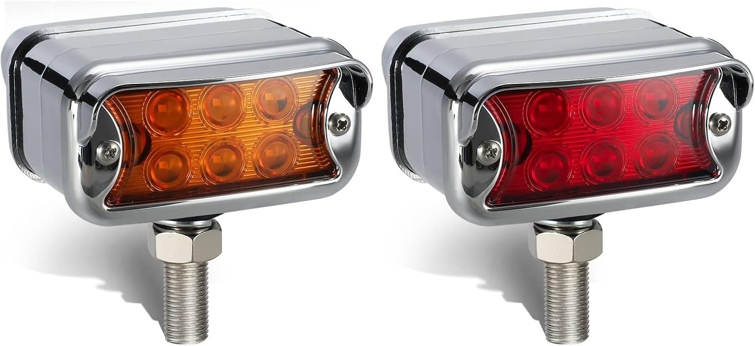 Unifizz 2Pcs Dual Revolution Amber/Red 12 LED Marker Lights with Horizontal Visor, Double Face Chrome Pedestal Turn Signal Lights, Bumper Lights Replacement for Peterbilt/Kenworth/Freightliner Trucks