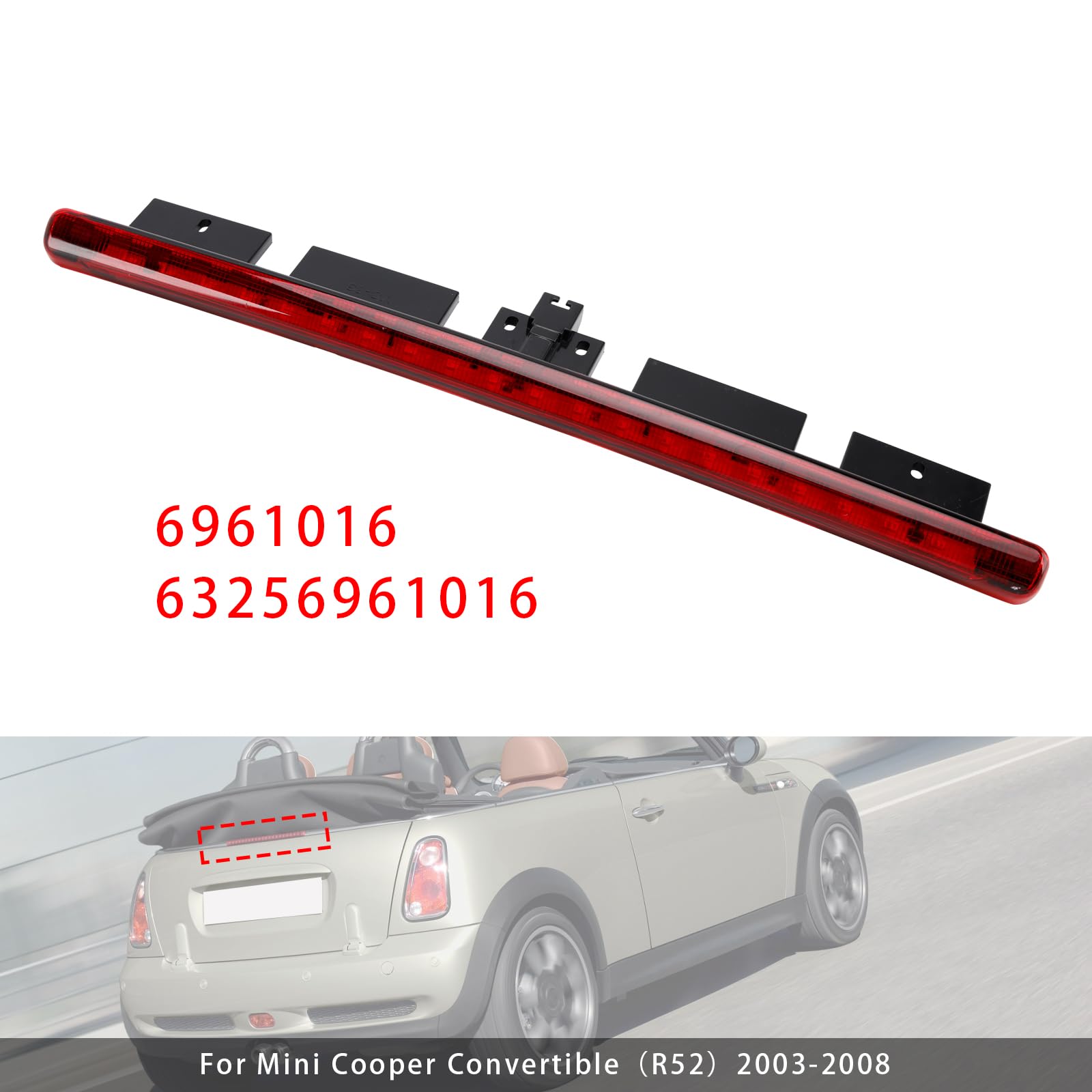 Dritte Bremsleuchte für Mini Cooper Cabrio R52 2003-2008,Ersatzteil 63256961016 6961016,Hintere Zentralleuchte Rot,Kunststoff Gehäuse Schwarz,Direkter Austausch