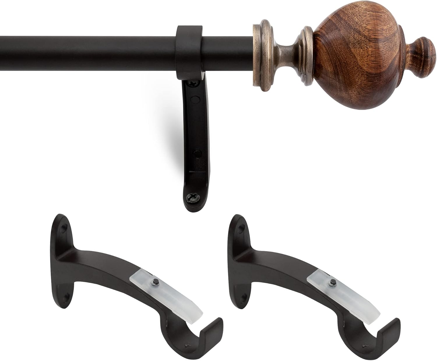 Brown Adjustable Curtain Rod with Natural Wood Finials, 36"-66"