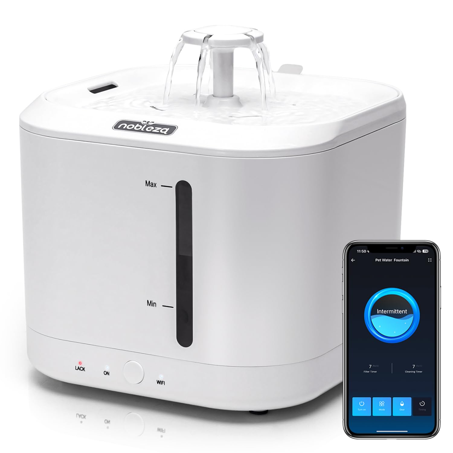 Nobleza - 2.5L Bomba de Agua Inalámbrica Automática Fuente Inteligente para Gatos y Perros, con Temporizador y Control Remoto de la aplicación, Fuente de Agua para Gatos con Triple Filtración, Blanco
