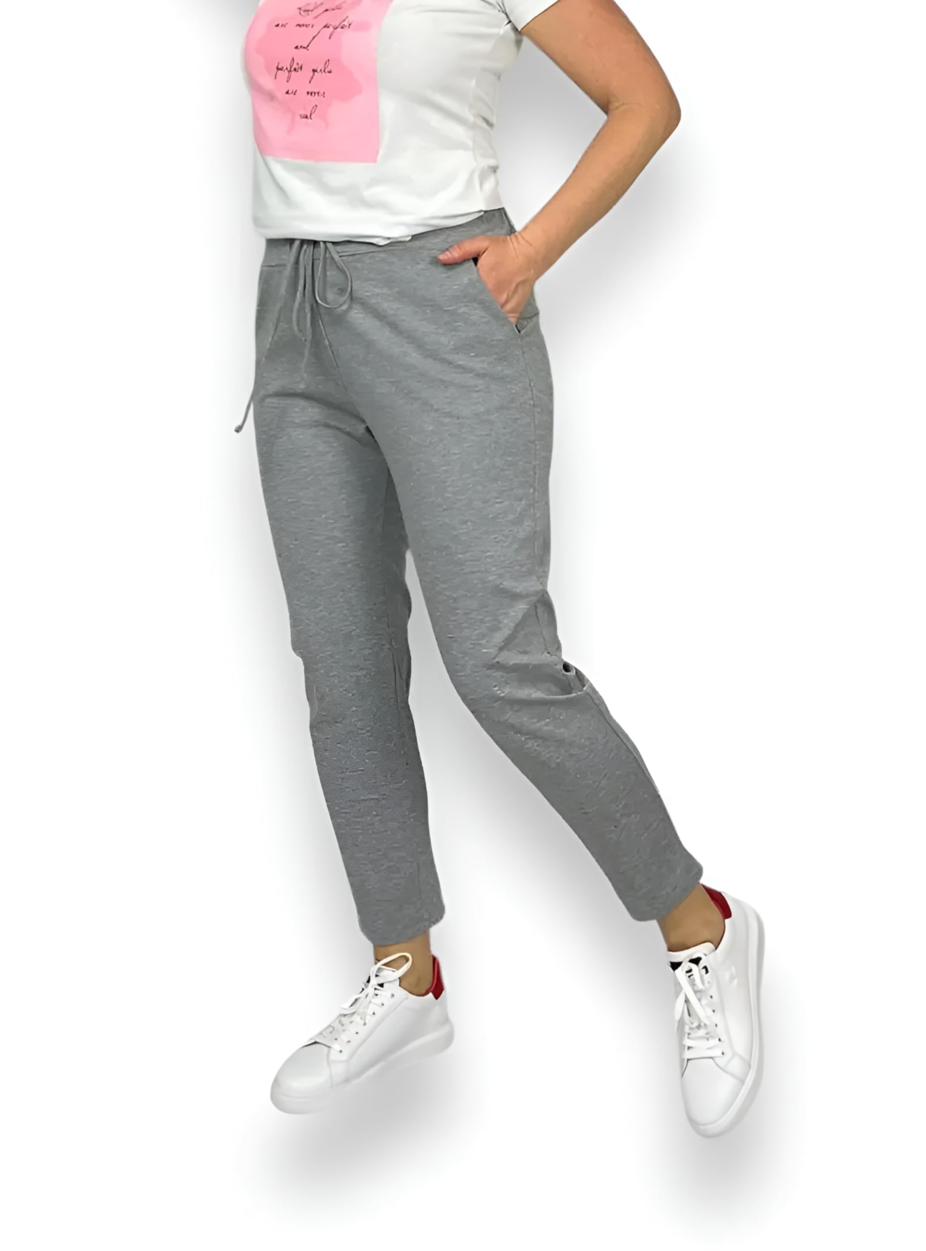 Pantalon Chino Femme Élastique à Cigarette Taille Haute Joggers Femme Punto Milano Élégant Casual Slim Fit Jeggins avec Poches, gris clair (ral 7035), S