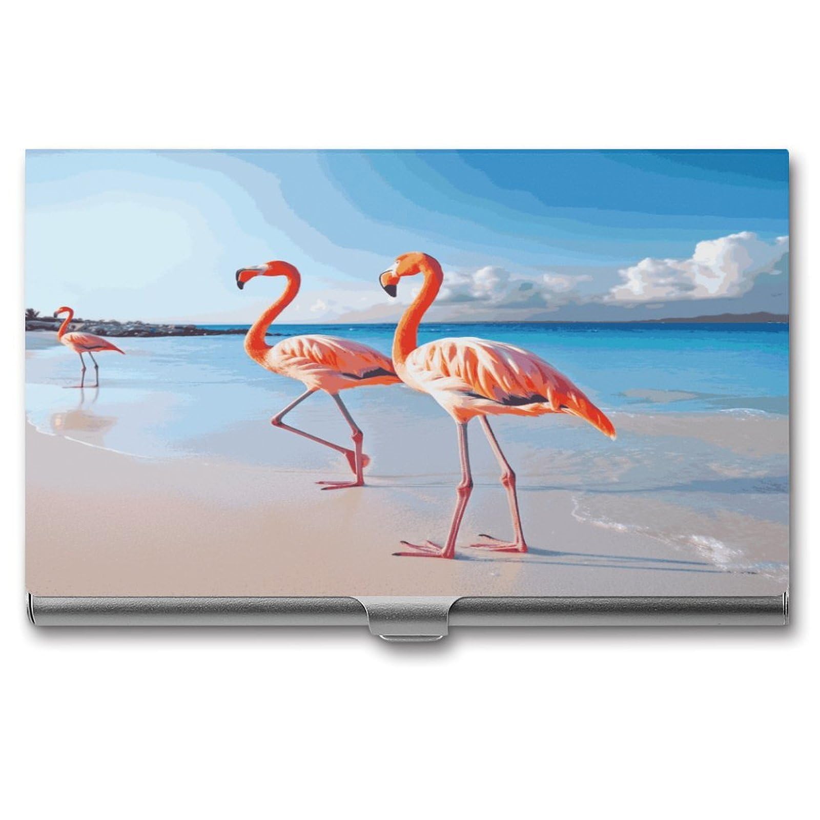 FekiLoot Pink Flamingo on Beach Business Card Holder for Men Women Metal Slim Organizer Business Card Carrier Wallet Name Cards Holder Retro Slim Pocket Purse Small Portable Card Case