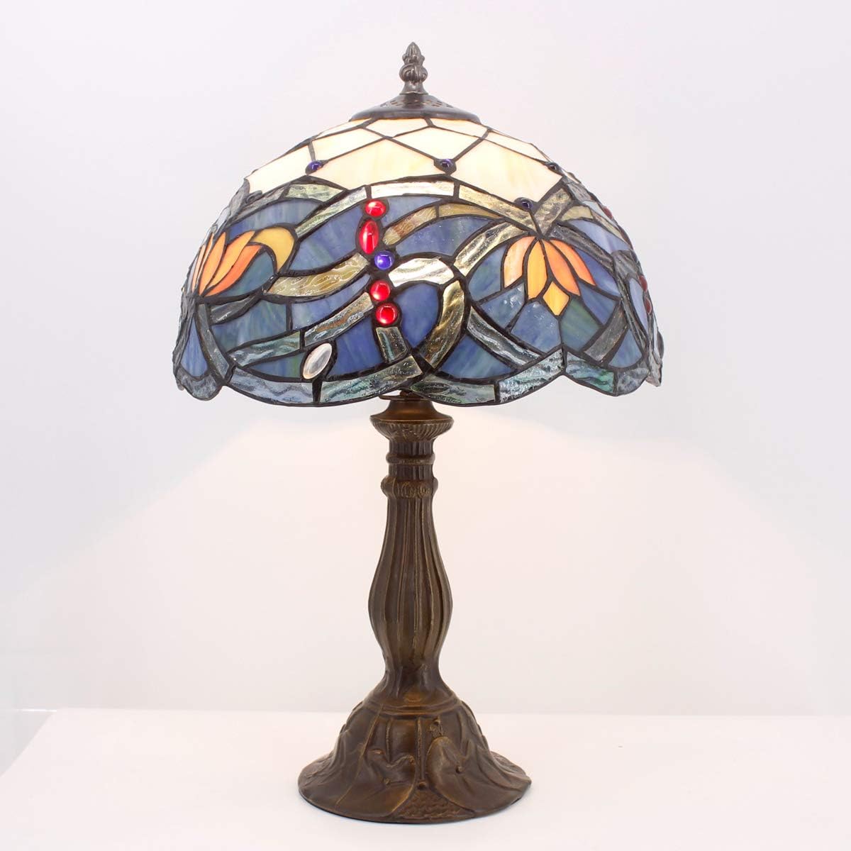 WERFACTORY Tiffany Table Lamp Stained Glass Bedside Lamp Blue Lotus Desk Reading Light 12X12X18 Inches Decor Bedroom Living Room Home Office S220 Series