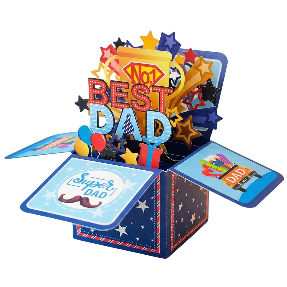 Happy Fathers Birthday Card, 3D Pop Up Dad Birthday Card Blue Box Greeting Card for with Envelope Surprise Present for Papa