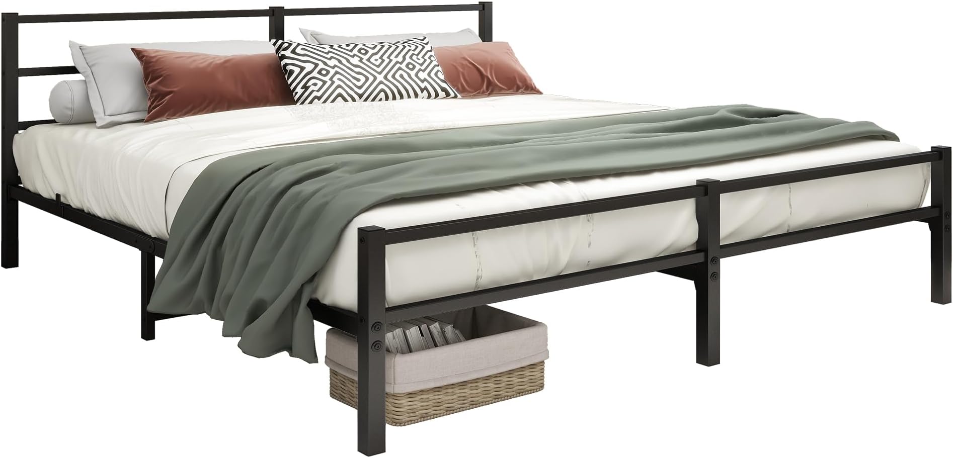 Metal Bed 140 x 200 cm Bed Frame with Headboard and Footboard, Adult Bed, Guest Bed, Double Bed, Black