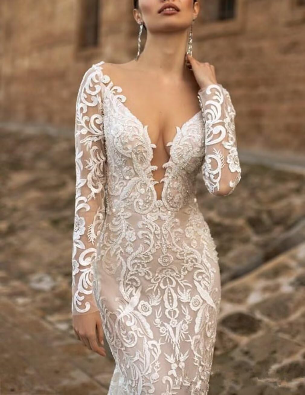 Backless Lace Beach Mermaid Wedding Dresses for Bride with Detachable Train Long Sleeve Bridal Ball Gown