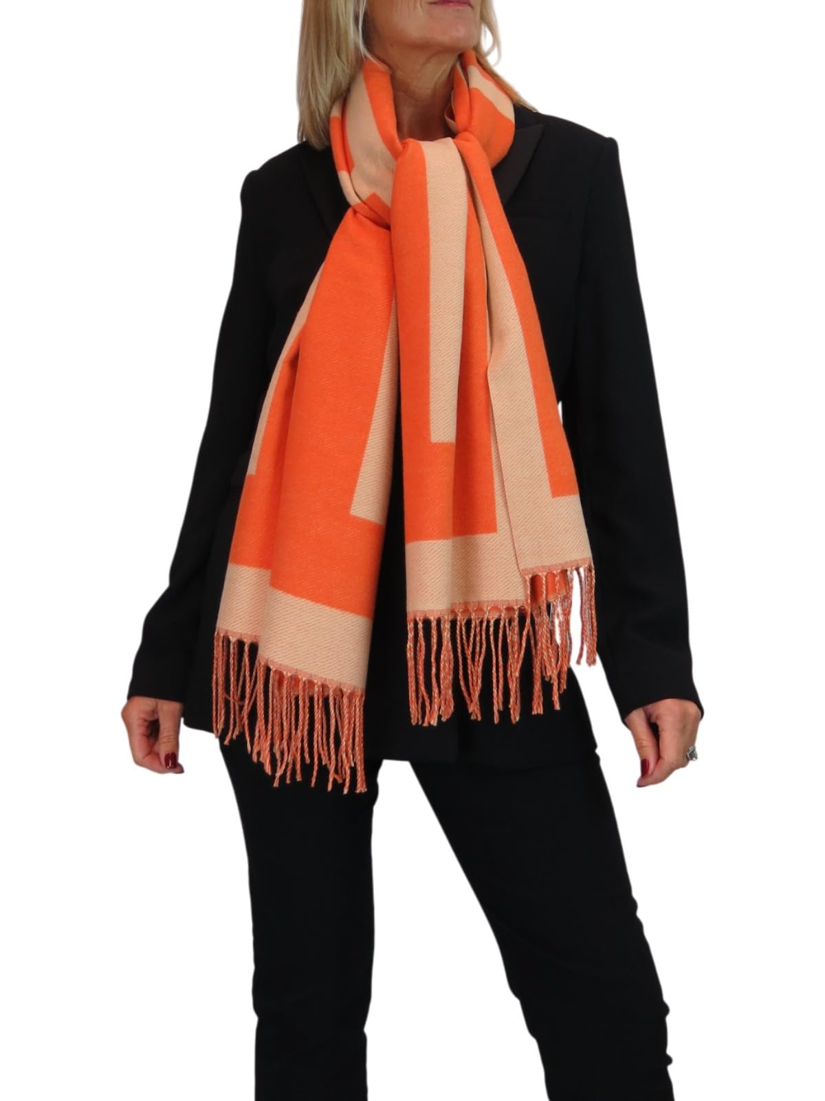 Paulo Due Women's Wool Scarf Supersoft Geometric Design Pashmina with Tassel Ends, Large Cosy Neck Wrap for Winter, Elegant Gift for Women Orange