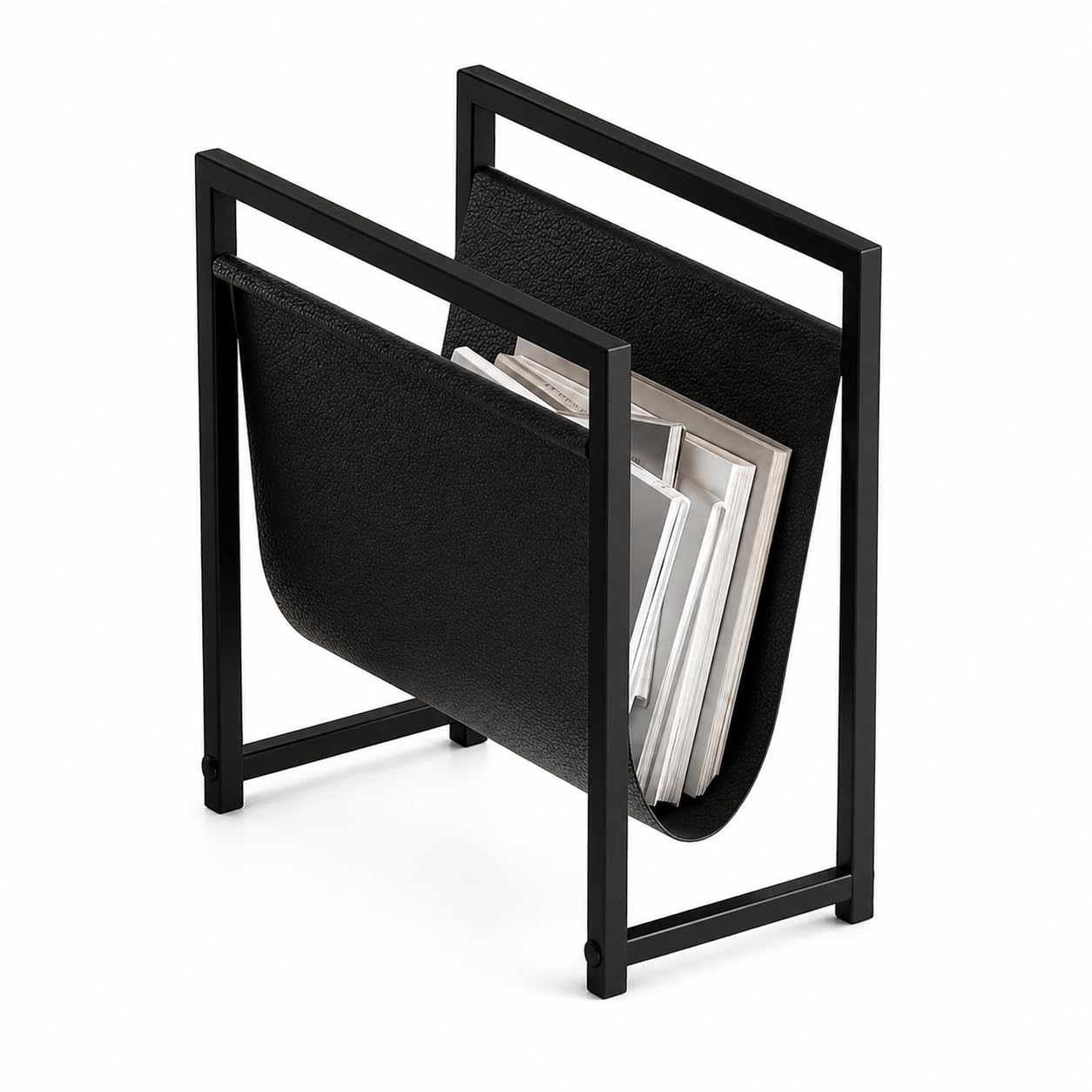 EMIDECO Revistero de metal negro con cuero organizador de revistas moderno soporte para periódicos y libros