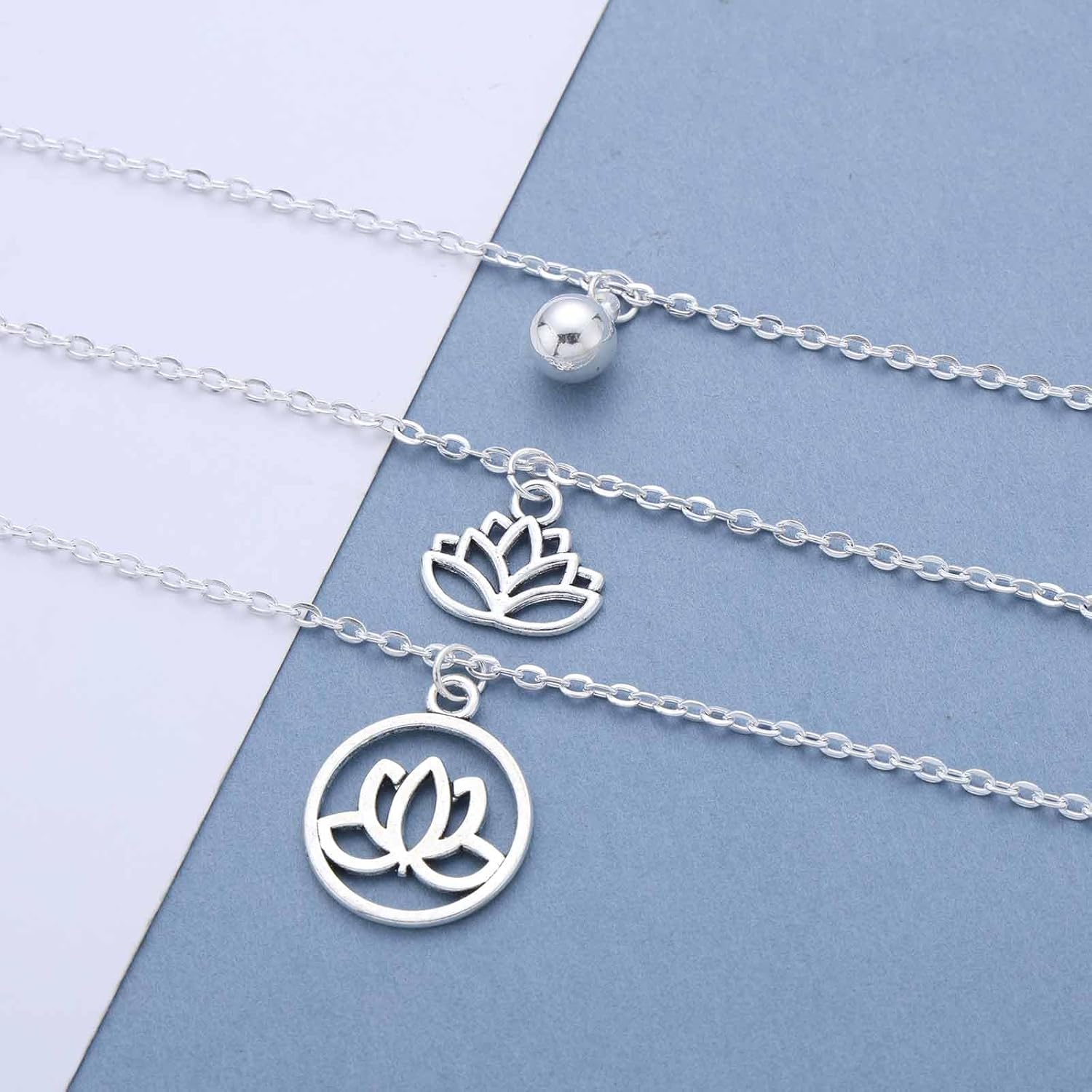 Andelaisi Boho Layered Lotus Pendant Necklace Vintage Ball Circle Choker Necklace Silver Lotus Flower Necklaces Multilayered Hollow Circle Chain Necklaces Jewelry for Women - Image 5