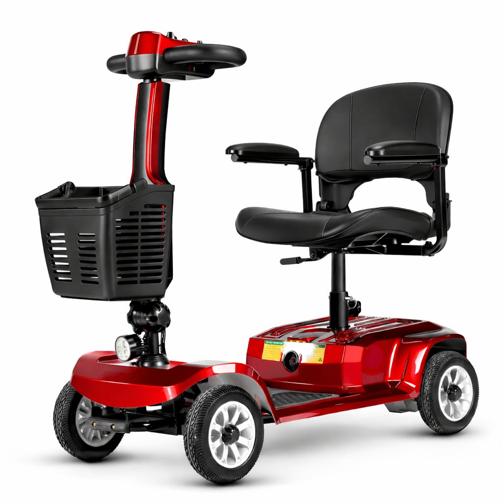 Scooter de Movilidad Eléctrico de 4 Ruedas, Plegable, para Personas Mayores y Movilidad Reducida, Autonomía de hasta 20 km, Neumáticos Antipinchazos, Rojo