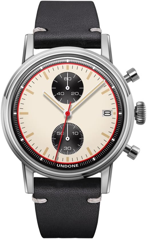Undone "Urban Chronograph Hybrid Mechanical Quartz Stainless Steel White Leather Black Date Vintage Men's Watch