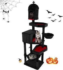 Tangkula Gothic Cat Tree, 83 Inch Tall Cat Tower with Sisal Covered Scratching Posts, 2 Coffin Beds, 2 Cat Condos, Hammock, Basket Bed, Halloween Pet Furniture, Black Goth Cat Tree for Indoor Cats