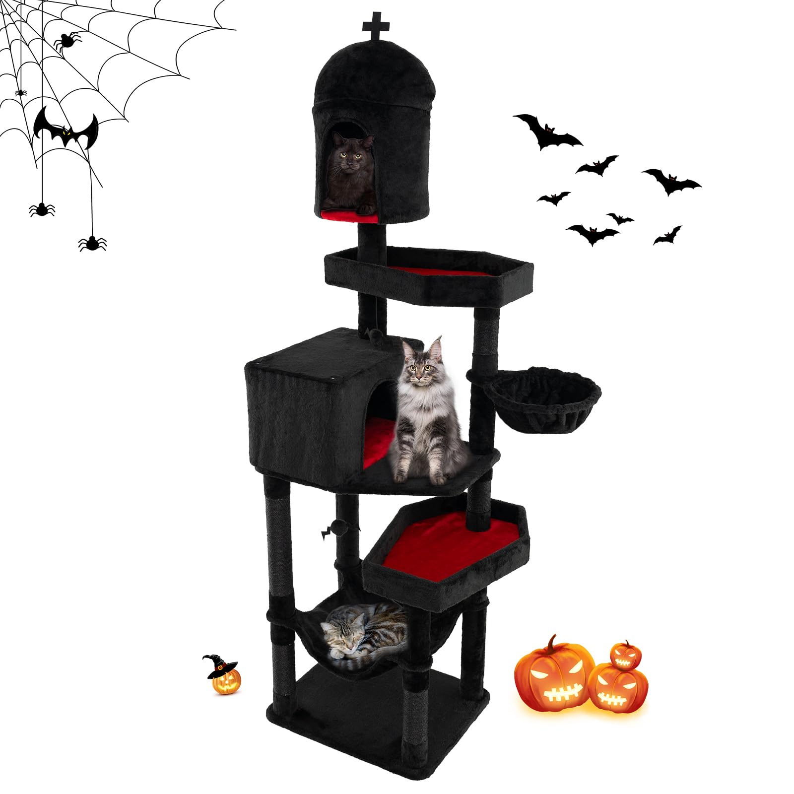 Tangkula Gothic Cat Tree, 83 Inch Tall Cat Tower with Sisal Covered Scratching Posts, 2 Coffin Beds, 2 Cat Condos, Hammock, Basket Bed, Halloween Pet Furniture, Black Goth Cat Tree for Indoor Cats
