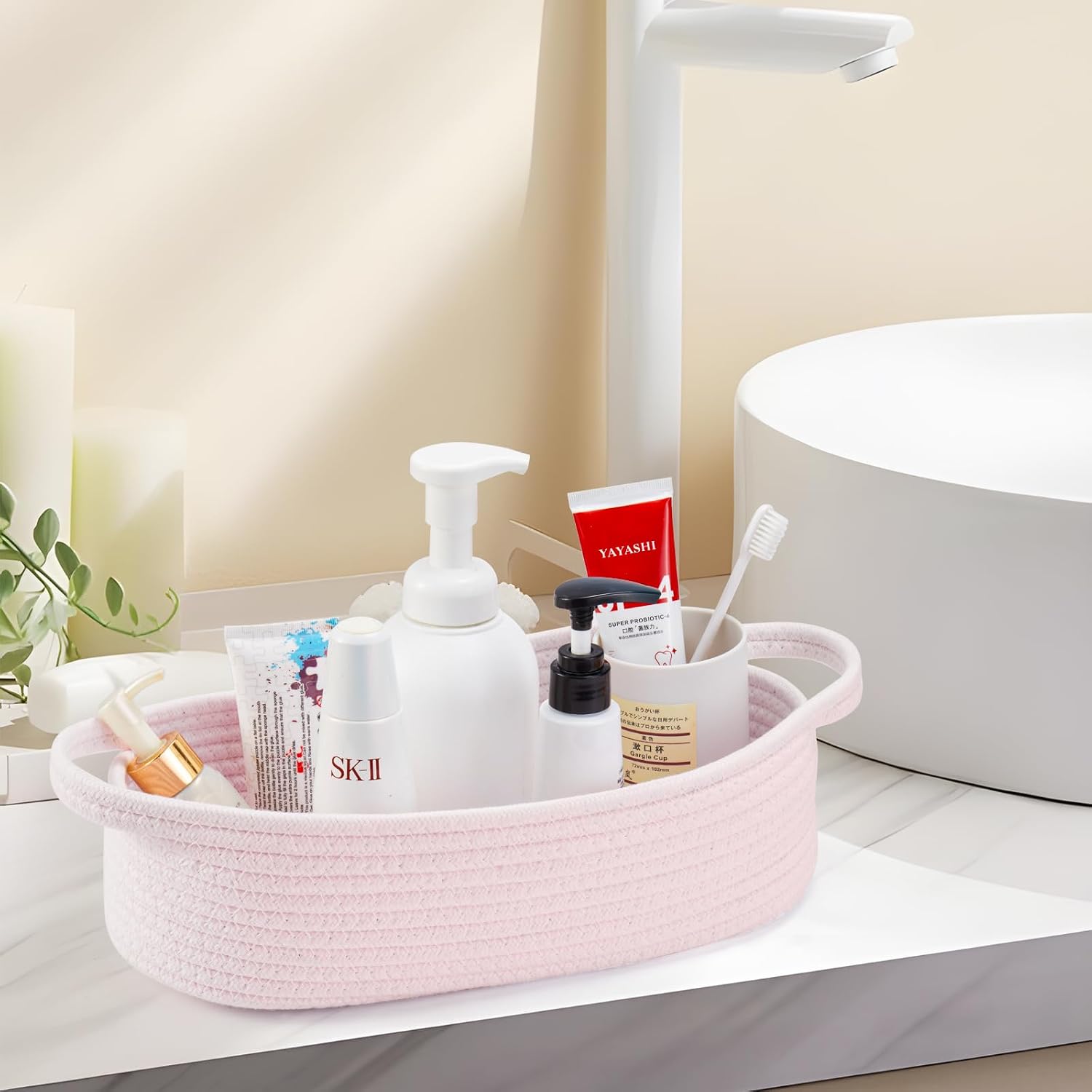 Small Toilet Paper Basket for Back of Toilet Tank Top,Cute behind toilet basket,Woven Toilet Paper Tray Little Organizer for Bathroom Shelf, Bedroom, Living Room12.6"L x 6"W Pink