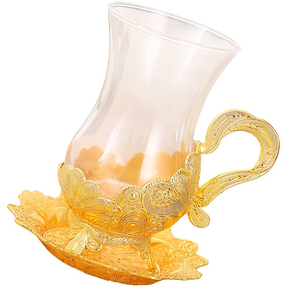 Transparentes Kaffeebecher-Set mit Untertasse, europäischer Stil, Tasse und Untertasse, Teetasse aus Glas, ausgefallene Teetassen für Teeliebhaber, Teetassen für Frauen, 100 ml, goldfarbene