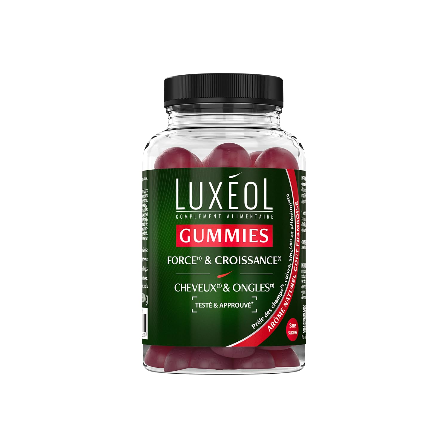 LUXÉOL - Gummies Force & Croissance - Cheveux(2) & Ongles(3) | Complément Alimentaire - Croissance(1) - Arôme Naturel Goût Framboise - Sans Sucres - Fabriqué en France - Environ 60 gummies