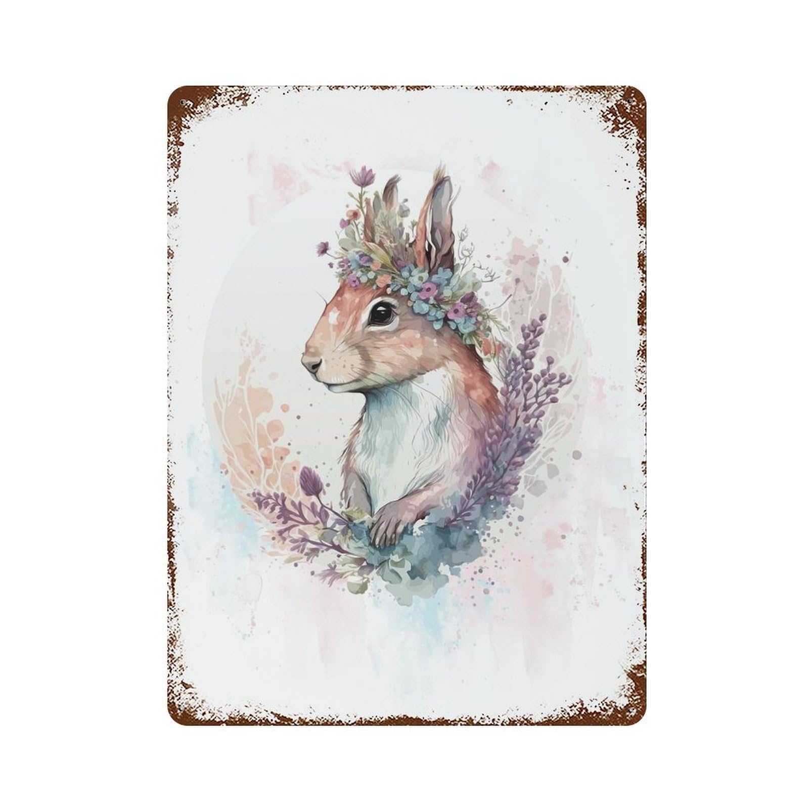 Flower Squirrel Artwork Weathered Tin Sign 15.7"x11.8", Farmhouse Wall Decor for Garage, Pub Or Kitchen