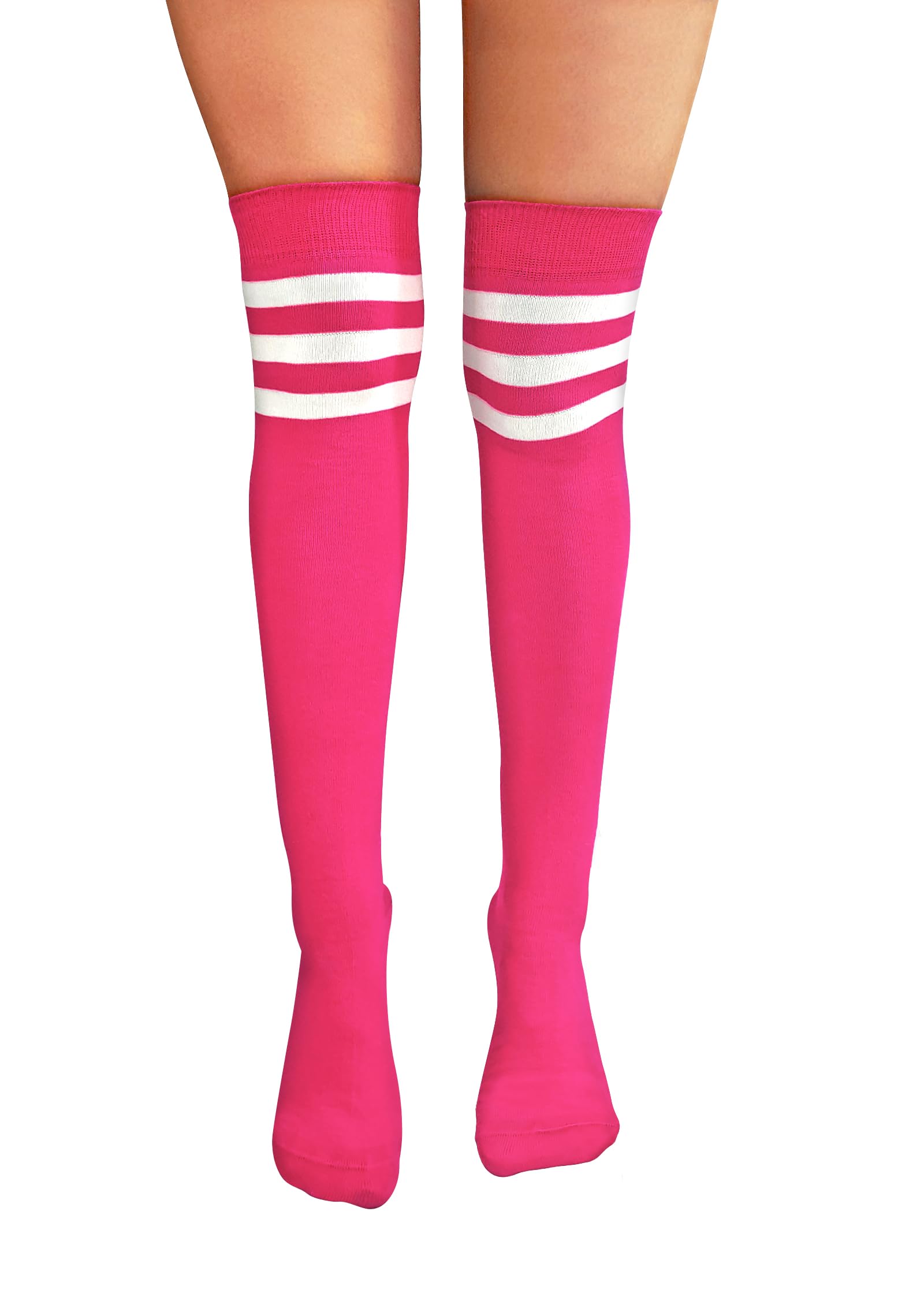 NuJake Over The Knee Cotton & Elastane Socks Cheerleader Referee Style Fancy Dress & Cosplay For Foot Sizes 4-5.5 (Pink With White)