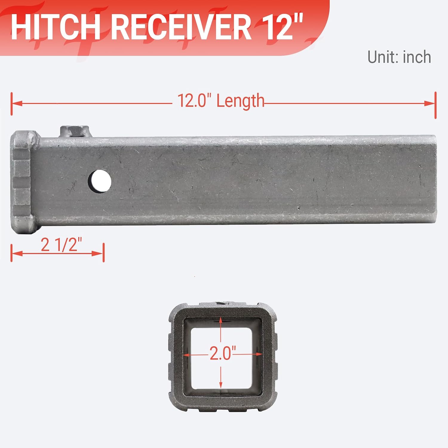 2" Trailer Hitch Receiver Tube, Weld-On Raw Steel Hitch Adapter, 12 Inch Length Plain Combo Bar(12 inch)