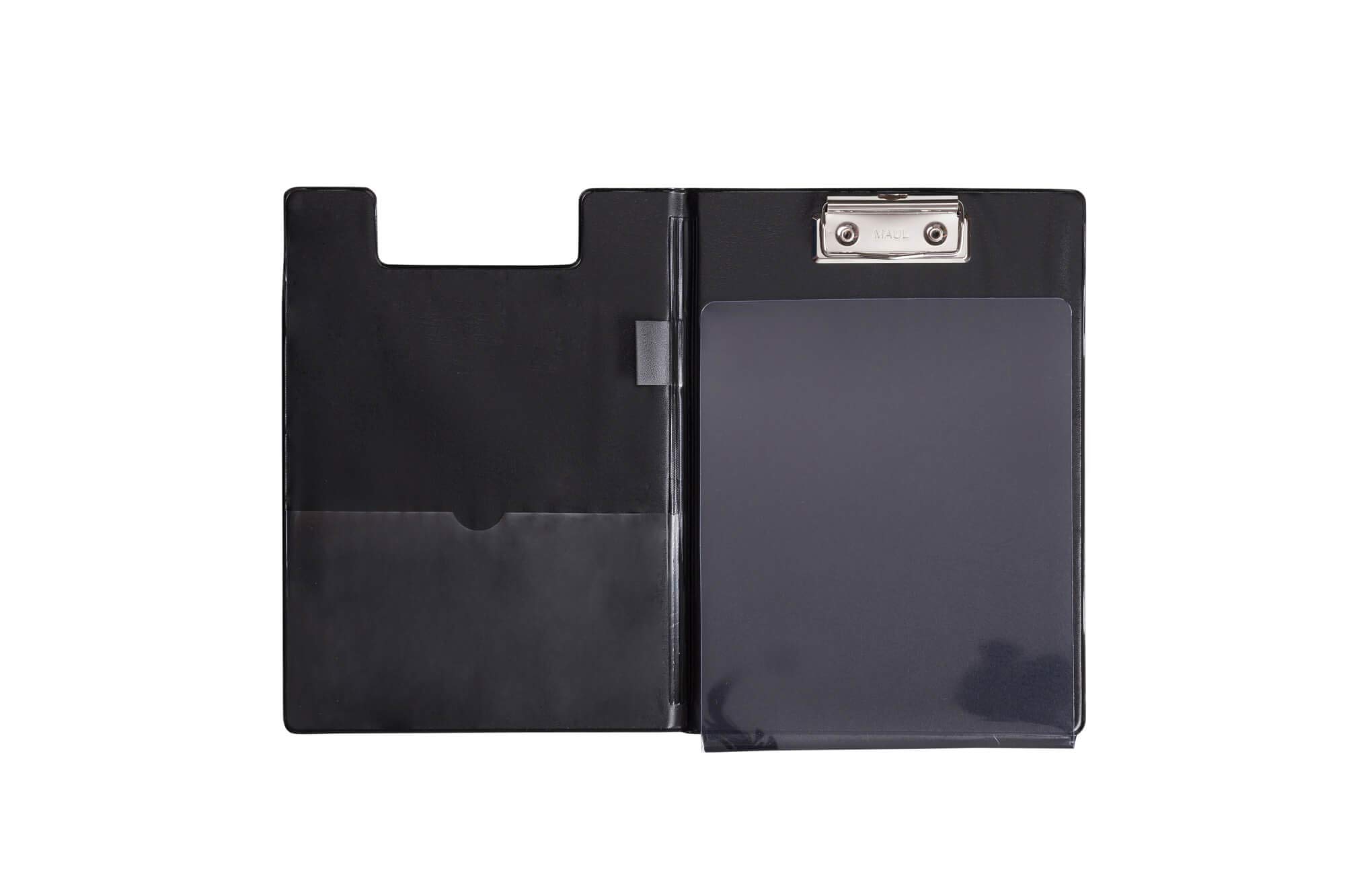 Maul Carpeta portapapeles con cubierta de aluminio y protección anticopia, DIN A5 alto, bolsillo interior, ancho de sujeción de 8 mm, negro, 2339790
